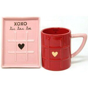 NEW MAGENTA Red Pink XOXO Tic Tac Toe Mug Coffee Cup & Tray Love Valentine RARE